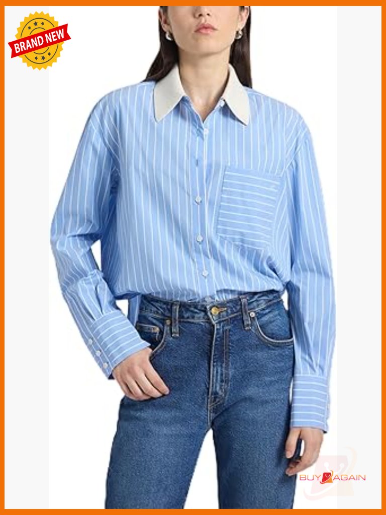 Coral Stripe Poplin Shirt With Removable Knit Collar Boxy Fit